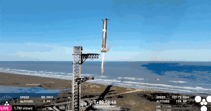 马斯克二代星舰第一飞,再次“筷子夹火箭”,但二级解体了